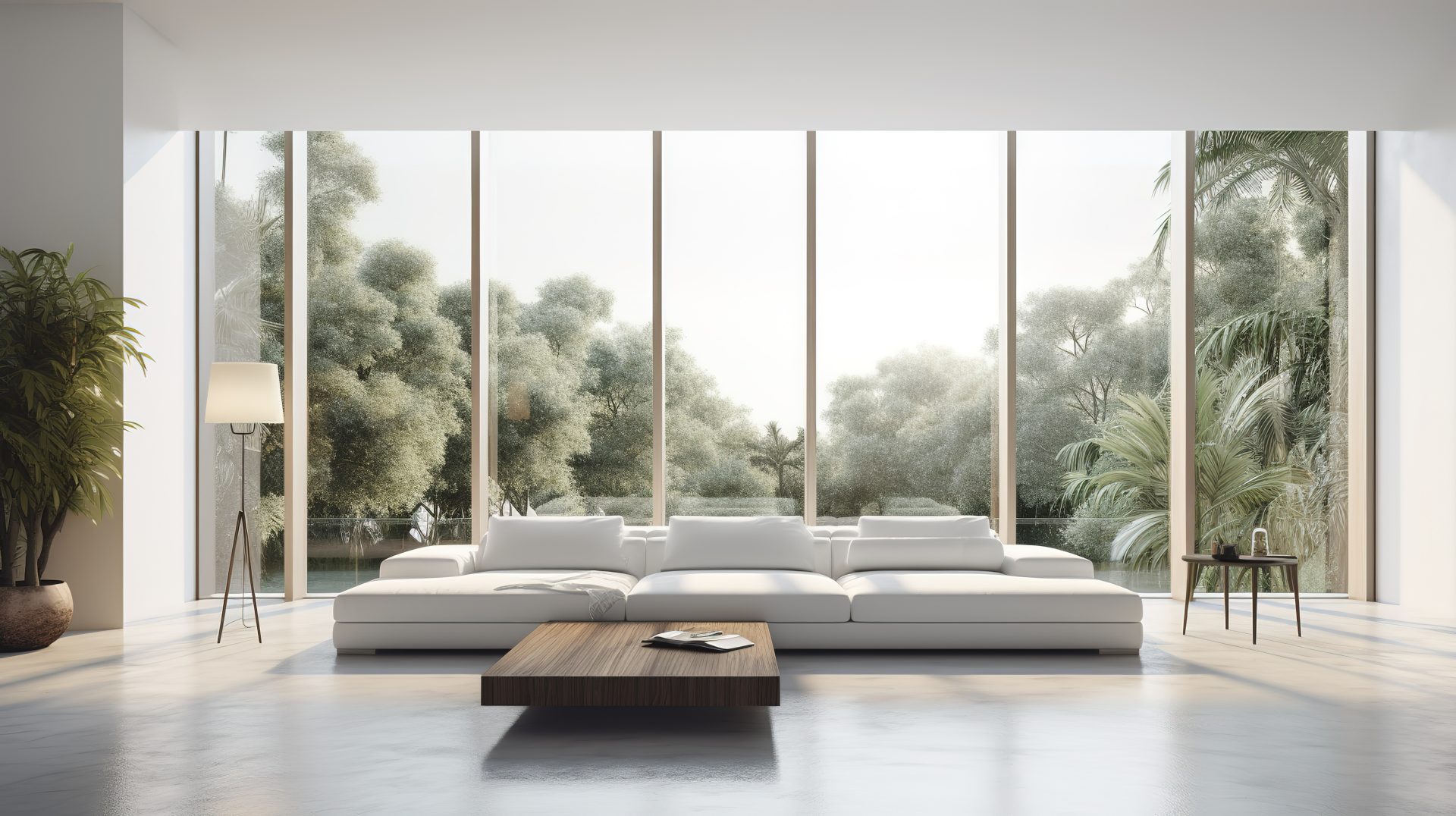 a futuristic white minimal interior of a living room, luxurious interior, extra large sofa design, tropical plants, view overlooking the natural landscape, and modern swimming pool, generate ai